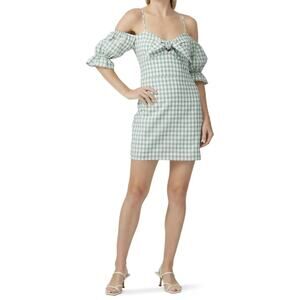 leRumi Mia Green Gingham Print Short Puff Sleeve Bow Front Mini Dress Size L